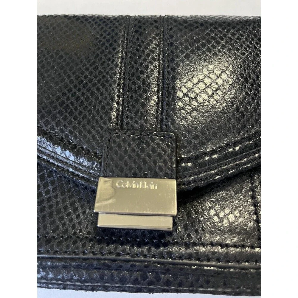 Calvin Klein Vintage Black Leather SnakeSkin Flap Shoulder HandBag with Mirror